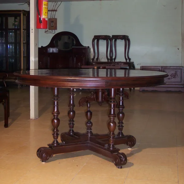 Bộ bàn tròn 9 ghế phong cách Á Đông: Bàn tròn Huynh Đệ + Ghế Kendo không tay cẩn ốc gỗ chiu liu
