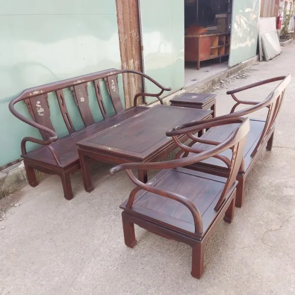 Salon gỗ phong cách Á Đông 5 món gỗ chiu liu (muồng đen, chiêu liêu) mẫu Liên Hoa