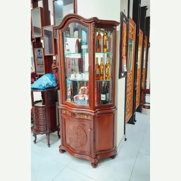 Tủ ly - Tủ rượu 1 cánh cổ điển ngang 1m kính cong gỗ căm xe ốp nu mẫu Lá Sen