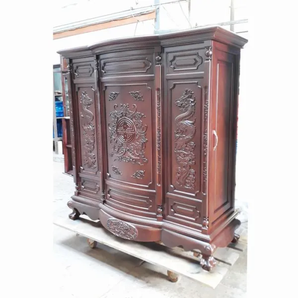 Tủ thờ chạm chữ thọ và rồng bay ngang 148 cm gỗ gõ đỏ mẫu Sư Huynh