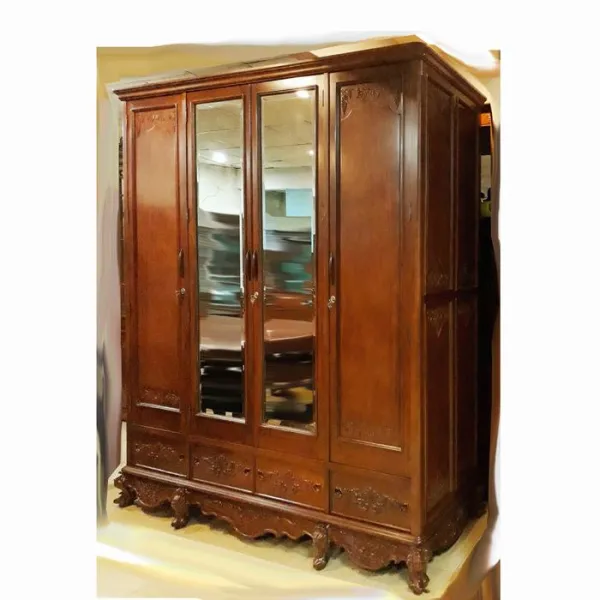 Tủ áo 4 cánh kính phong cách cổ điển châu Âu mẫu Lucia gỗ căm xe