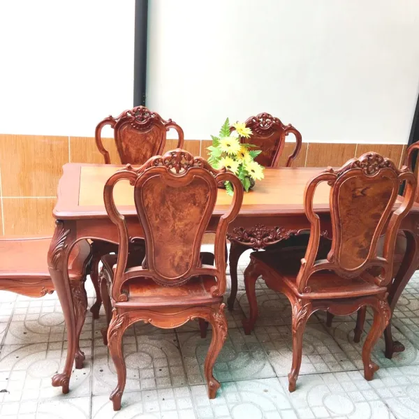 Bộ bàn chữ nhật cổ điển 6 ghế: Bàn gỗ gõ đỏ mẫu Hồng Ngọc + Ghế gỗ hương lưng nu nguyên tấm mẫu Anh 