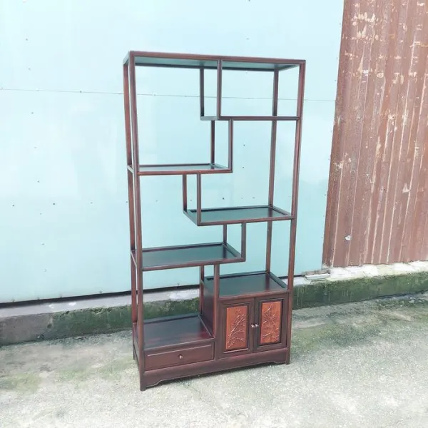Kệ trang trí - Kệ trưng bày - Kệ sách phong cách Á Đông ngang 78 cm gỗ muồng mẫu Ziczac cửa chạm