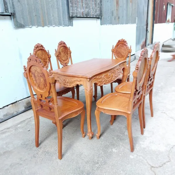 Bộ bàn chữ nhật 6 ghế phong cách cổ điển châu Âu: Bàn chữ nhật Louis + Ghế Dion không tay lưng nu