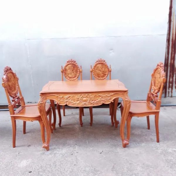 Bộ bàn chữ nhật 6 ghế phong cách cổ điển châu Âu: Bàn chữ nhật Louis + Ghế Dion không tay lưng nu