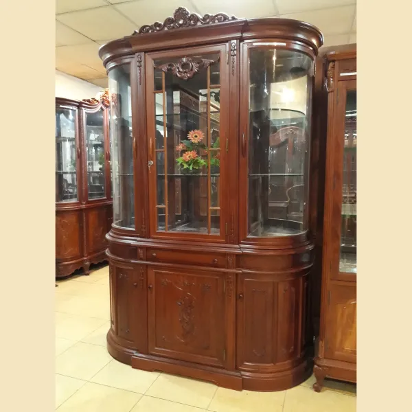 Tủ ly - Tủ rượu 3 cánh cổ điển kính cong gỗ căm xe mẫu Baroque