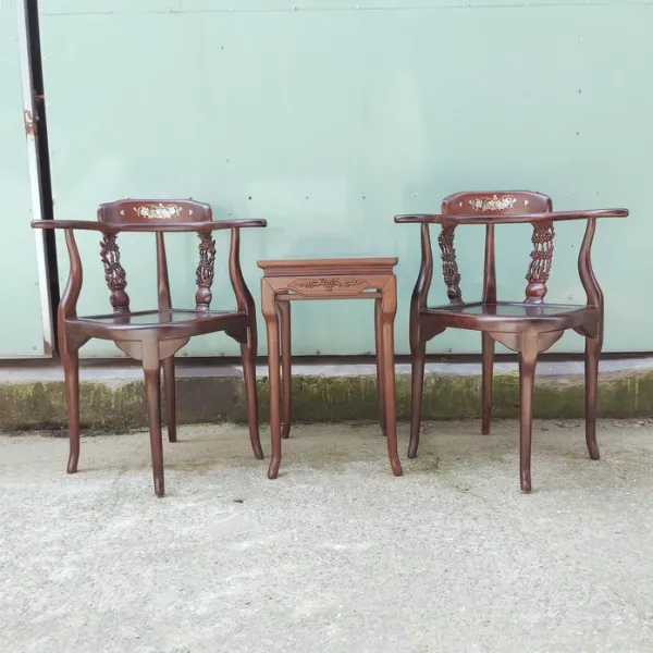Bộ bàn ghế phong cách Á Đông 3 món gỗ chiu liu cẩn ốc mẫu Mai Ngọc