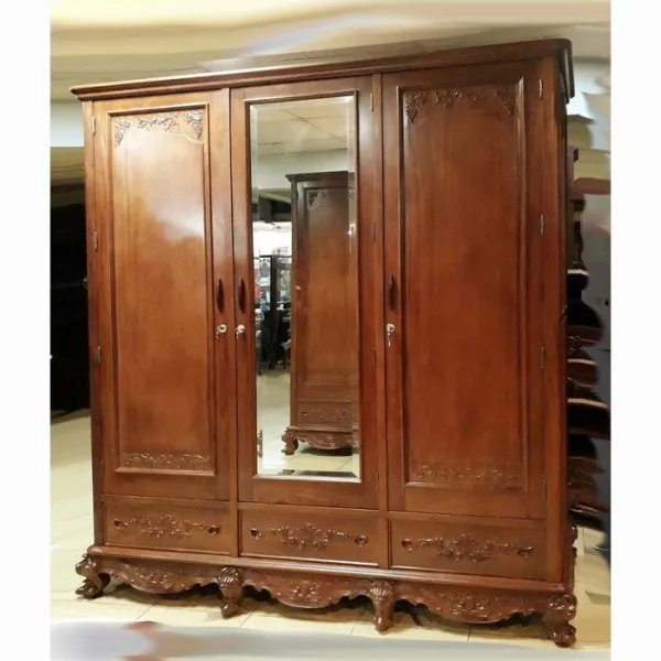Tủ áo 3 cánh kính phong cách cổ điển châu Âu mẫu Lucia gỗ căm xe