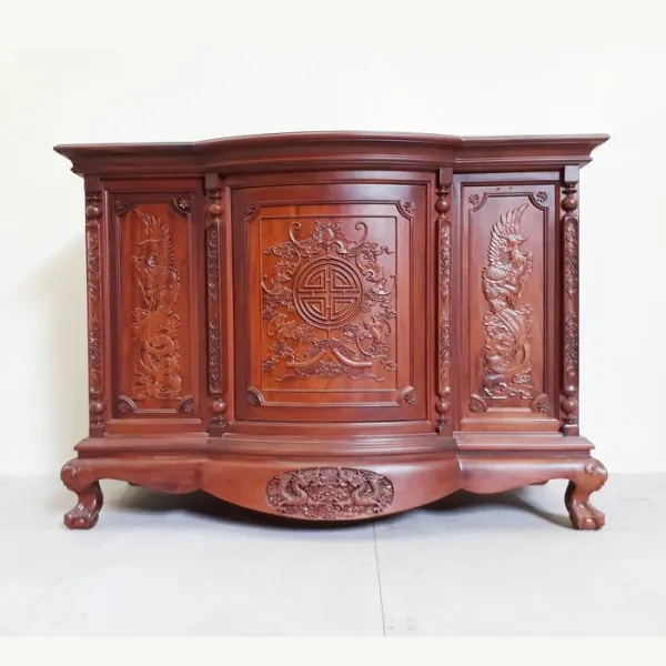 Tủ thờ chạm chữ thọ và rồng bay ngang 1m4 cao 1m mẫu Sư Huynh