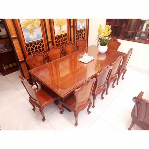Bộ bàn chữ nhật cổ điển 10 ghế: Bàn mẫu Anh Vũ + Ghế gỗ hương lưng nu nguyên tấm mẫu Napoleon