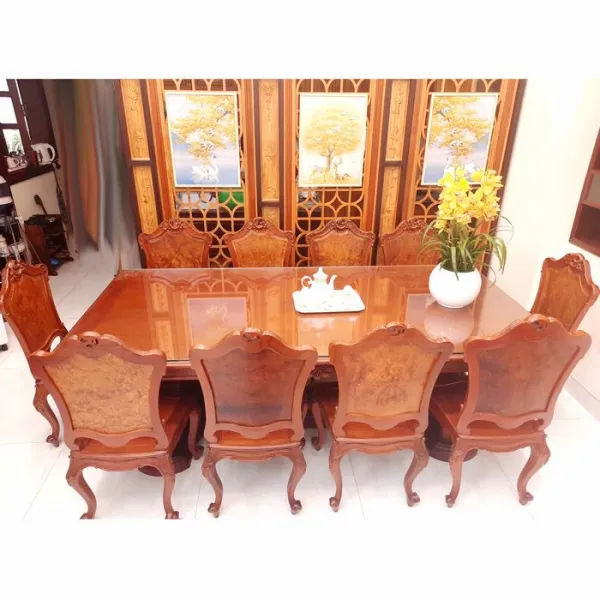 Bộ bàn chữ nhật cổ điển 10 ghế: Bàn mẫu Anh Vũ + Ghế gỗ hương lưng nu nguyên tấm mẫu Napoleon
