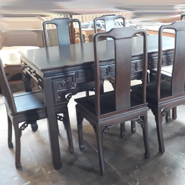 Bộ bàn chữ nhật phong cách Á Đông 6 ghế: Bàn gỗ căm xe mẫu Quang Du + Ghế gỗ chiu liu mẫu Kendo