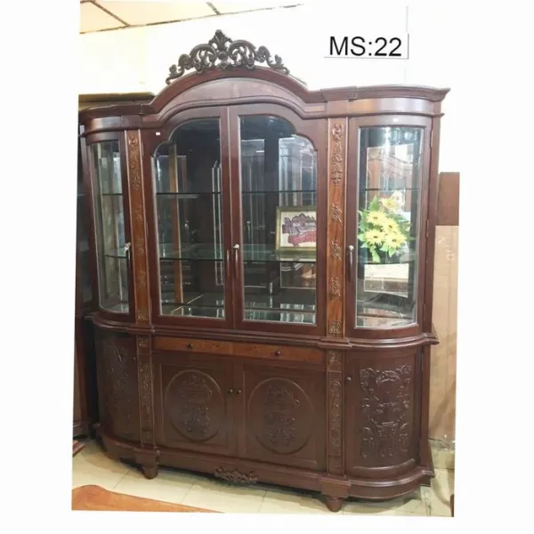 Tủ ly - Tủ rượu 4 cánh cổ điển kính cong gỗ căm xe ốp nu mẫu Thế Kỷ