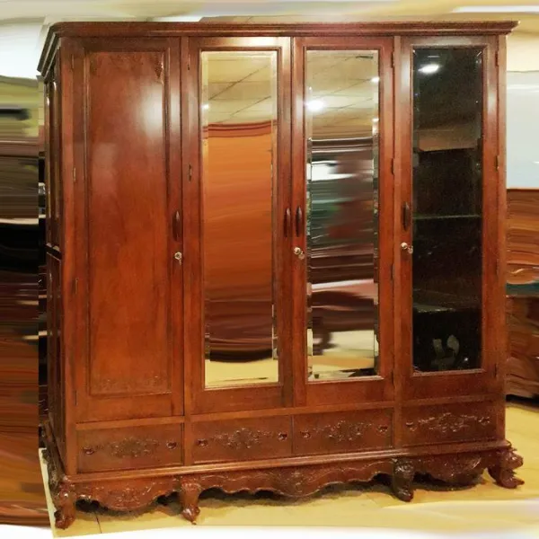 Tủ áo 4 cánh kính phong cách cổ điển châu Âu mẫu Lucia gỗ căm xe