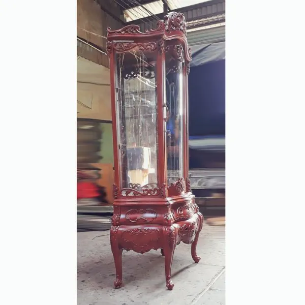 Tủ ly - Tủ rượu 1 cánh 2 hộc kéo cổ điển ngang 1m kính cong gỗ hương mẫu Caroline