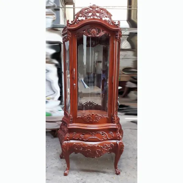 Tủ ly - Tủ rượu 1 cánh 2 hộc kéo cổ điển ngang 1m kính cong gỗ hương mẫu Caroline