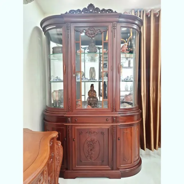 Tủ ly - Tủ rượu 3 cánh cổ điển kính cong gỗ căm xe mẫu Baroque