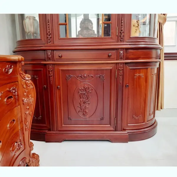 Tủ ly - Tủ rượu 3 cánh cổ điển kính cong gỗ căm xe mẫu Baroque