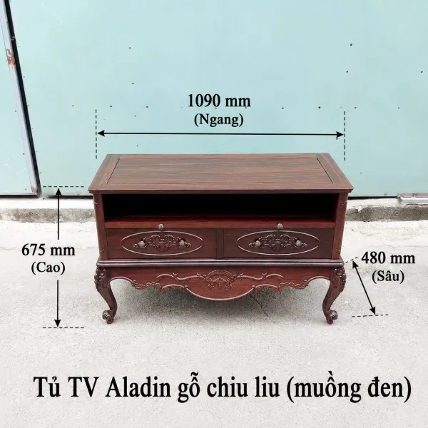 Kệ TV - Tủ búp phê cổ điển ngang 1m09 gỗ chiu liu (muồng đen, chiêu liêu) mẫu Aladin 