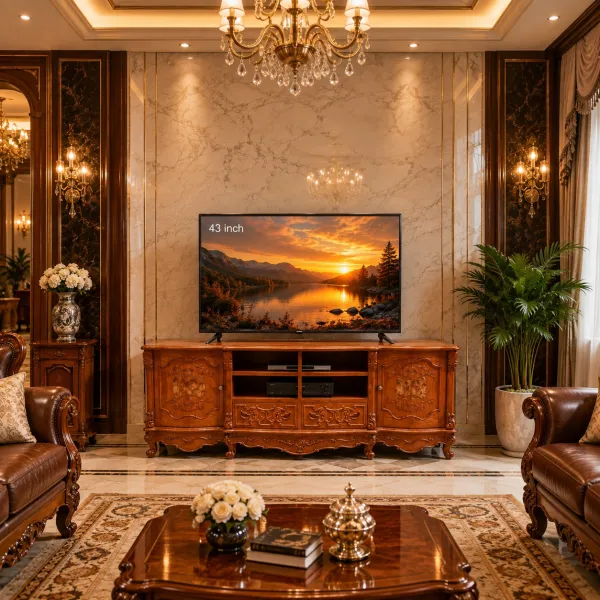 Kệ TV - Tủ búp phê cổ điển ngang 2m14 gỗ gõ đỏ ốp nu mẫu Caroline 2 hộc