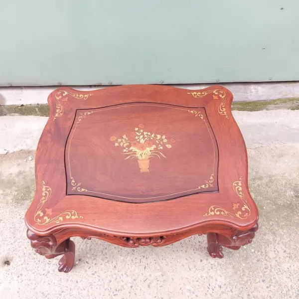 Đôn chữ nhật - Bàn bên - Bàn trang trí - Bàn trà cổ điển gỗ hương cẩn hoa văn mẫu Alexander sơn đậm