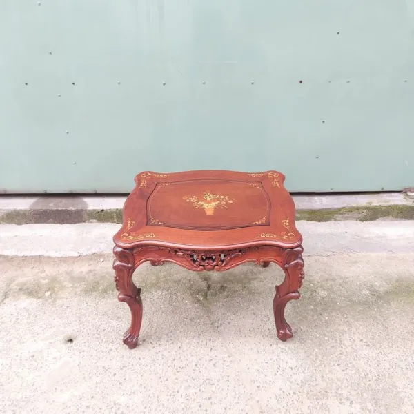 Đôn chữ nhật - Bàn bên - Bàn trang trí - Bàn trà cổ điển gỗ hương cẩn hoa văn mẫu Alexander sơn đậm