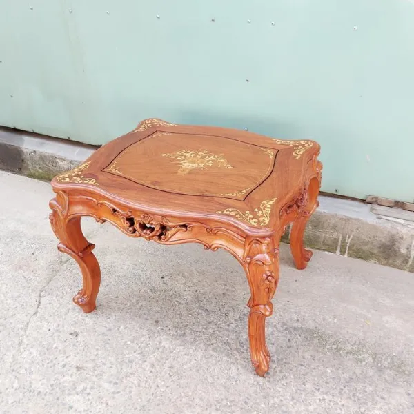 Đôn chữ nhật - Bàn bên - Bàn trang trí - Bàn trà cổ điển gỗ hương cẩn hoa văn mẫu Alexander sơn nhạt