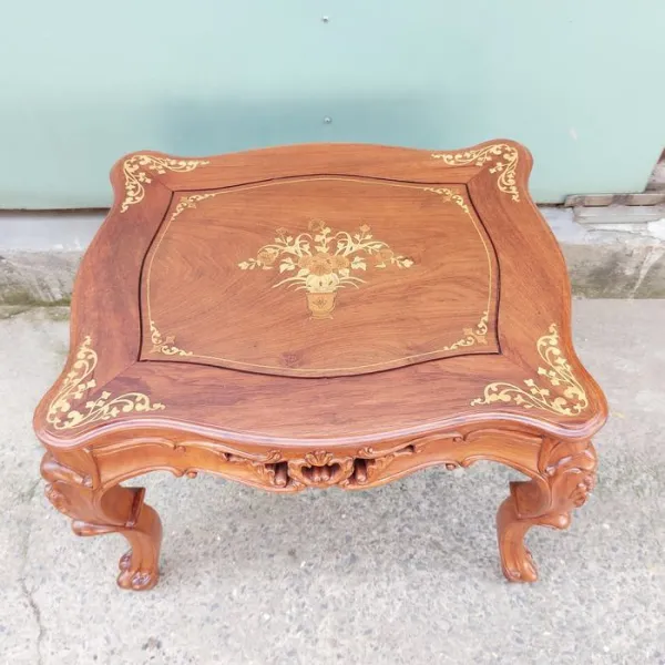Đôn chữ nhật - Bàn bên - Bàn trang trí - Bàn trà cổ điển gỗ hương cẩn hoa văn mẫu Alexander sơn nhạt