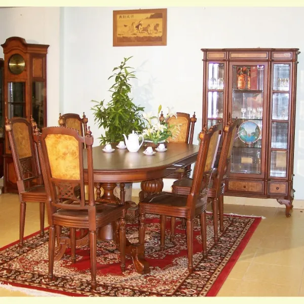 Bộ bàn ovan 2 trụ cổ điển 6 ghế: Bàn ovan 2 trụ + Ghế gỗ hương lưng nu nguyên tấm mẫu Dion