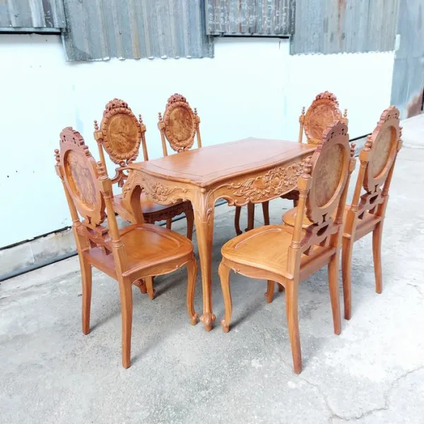 Bộ bàn chữ nhật 6 ghế phong cách cổ điển châu Âu: Bàn chữ nhật Louis + Ghế Dion không tay lưng nu