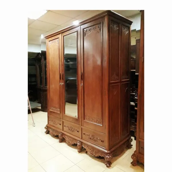 Tủ áo 3 cánh kính phong cách cổ điển châu Âu mẫu Lucia gỗ căm xe