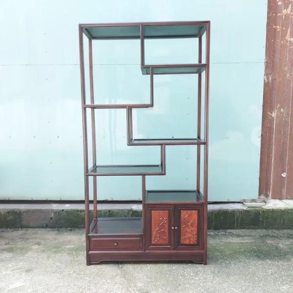 Kệ trang trí - Kệ trưng bày - Kệ sách phong cách Á Đông ngang 78 cm gỗ muồng mẫu Ziczac cửa chạm