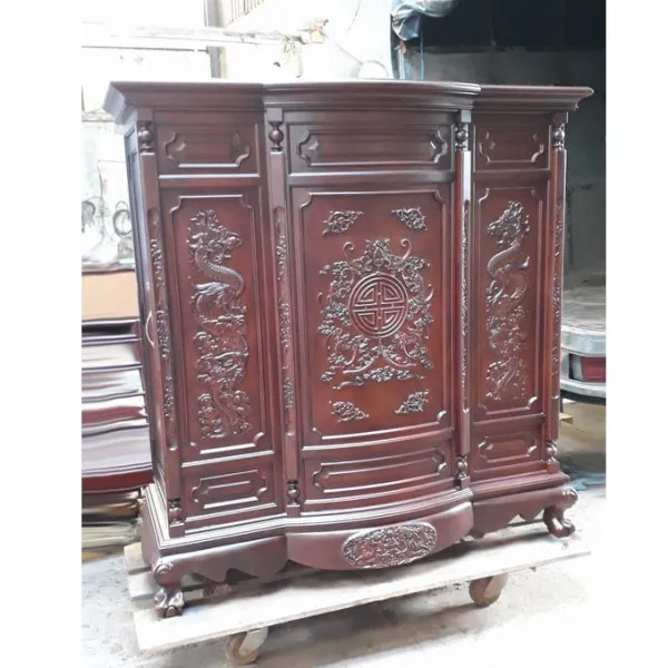 Tủ thờ chạm chữ thọ và rồng bay ngang 148 cm gỗ gõ đỏ mẫu Sư Huynh