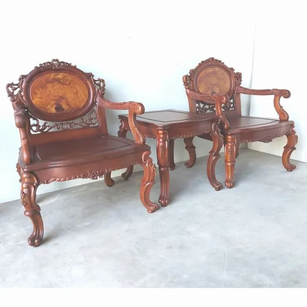 Bộ bàn ghế ốp nu phong cách cổ điển châu Âu mẫu Tigon 3 món gỗ hương