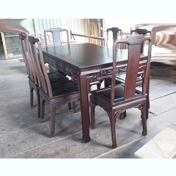 Bộ bàn chữ nhật phong cách Á Đông 6 ghế: Bàn gỗ căm xe mẫu Quang Du + Ghế gỗ chiu liu mẫu Kendo