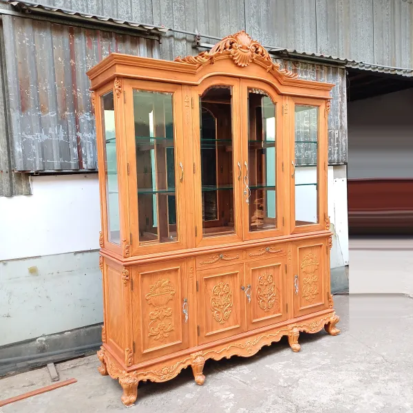 Tủ ly - Tủ rượu 4 cánh phong cách cổ điển châu Âu gỗ gõ mẫu Xuân Thu