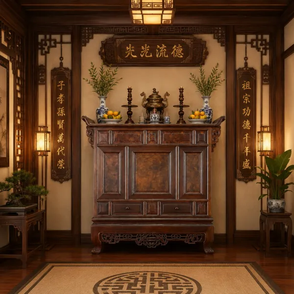 Tủ thờ ngang 106 cm gỗ hương ốp nu mẫu Cung Đình