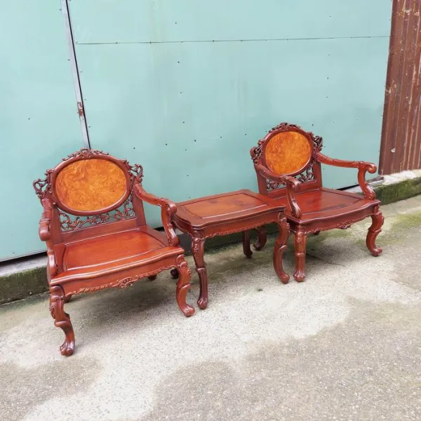 Bộ bàn ghế ốp nu phong cách cổ điển châu Âu mẫu Tigon 3 món gỗ hương