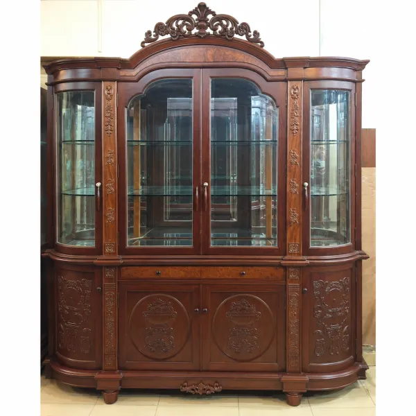 Tủ ly - Tủ rượu 4 cánh cổ điển kính cong gỗ căm xe ốp nu mẫu Thế Kỷ